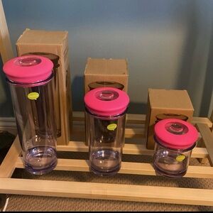 Qualy Design Pink Plastic Kitchen Pantry Storage Jars THREE NEW in box